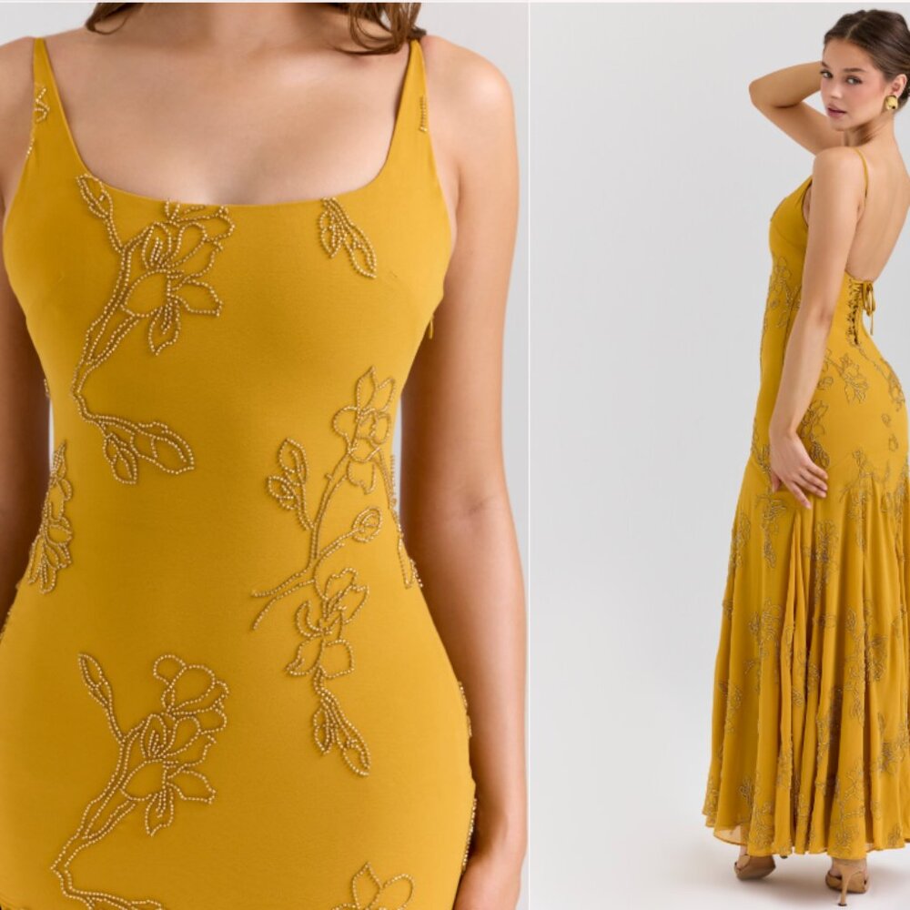 HOUSE OF CB 'Rosalia' Gold Embellished Hand Beaded Maxi Dress NWOT - Picture 2 of 10